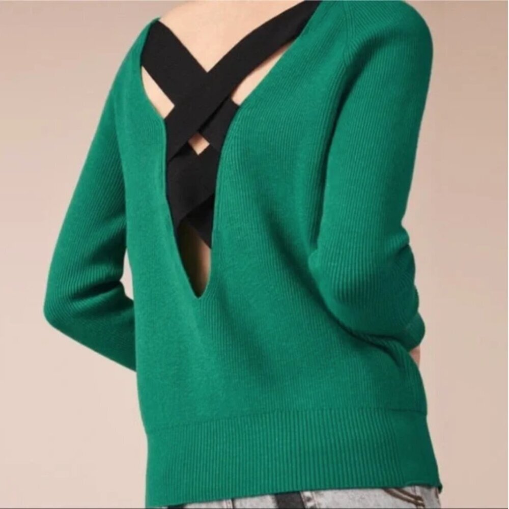 ** Maje Moon Crossback Emerald Green Ribbed Sweater Size 1 Small